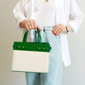 کیف دستی و دوشی آویسا ترکیب کتان و چرم طرح زارا سبز سلطنتی